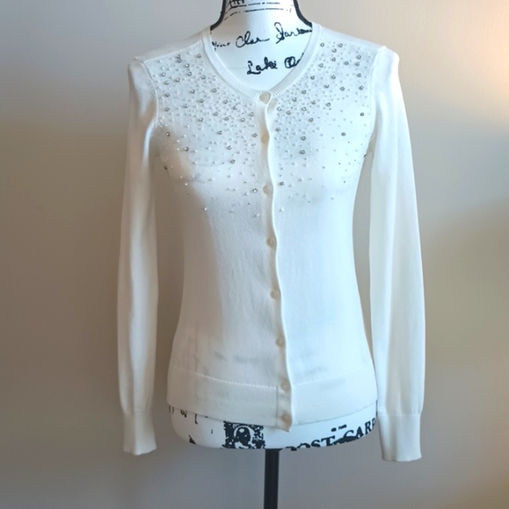 Loft Outlet Cream Colored Sweater with Beautiful Beading on Front